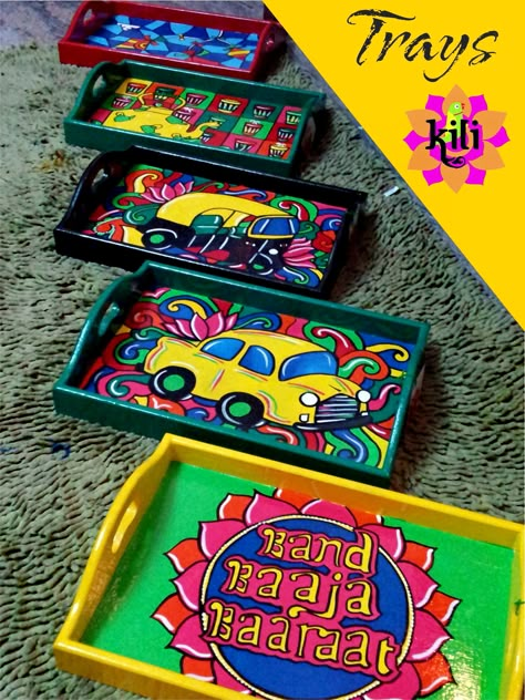 A new addition to the Kili product line - Here are hand painted wooden chai trays to quirk up your kitchen :) To Order - Mail us at kiliart.design@gmail.com Hand Painted Trays Ideas, Wooden Tray Painting Ideas, Tray Painting Ideas, Pop Art Projects, Hand Painted Trays, Diy Art Ideas, Truck Art Pakistan, Diy Tray, Painted Trays