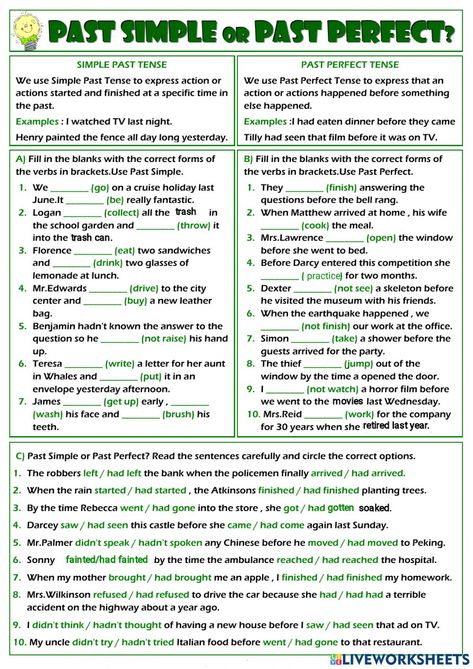 Past Simple Vs Past Perfect, Past Perfect Worksheets, Present Perfect Tense Exercises, Esl Exercises, Past Perfect Tense, Tenses Grammar, English Grammar Exercises, Simple Past, Simple Past Tense