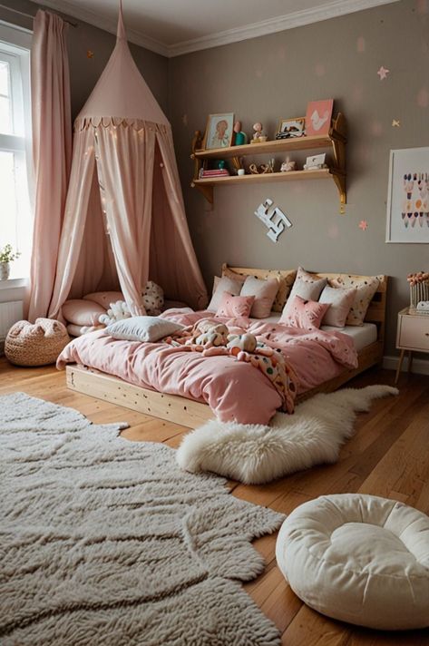 Childrens Bedrooms Girls Ideas, Pink Girls Bedroom Toddler, Bohemian Floor Bed, Toddler Girl Rooms Ideas, Floor Bed Toddler Room Ideas, Bedroom With Ledge Wall, Little Toddler Girl Room Decorating Ideas, Daughters Bedroom Ideas, 4 Year Girl Bedroom Ideas