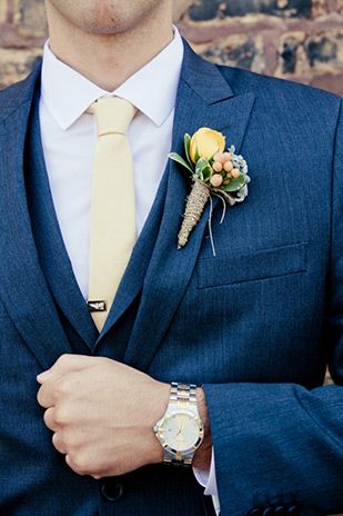 Navy suit and yellow tie |  Obviously I want a brighter yellow tie. Now I am trying to decide- boutonniere or something in the pocket? Navy Suit Blue Tie, Navy Suit Brown Shoes, Navy Groomsmen Suits, Yellow Boutonniere, Blue Groomsmen, Navy Suit Wedding, Navy Suits, Yellow Wedding Theme, Blue Suit Wedding