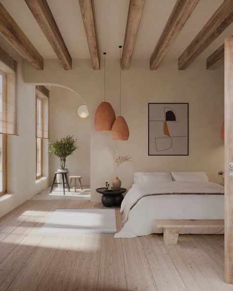 Bedroom Inspirations Master Cozy, Earth Tones Bedroom Decor, Scandinavian Interior Design Inspiration, Bedroom Inspirations Master, Italy Architecture, Scandinavian Interior Design, Wooden Beams, Cozy Decor, Decoration Inspiration