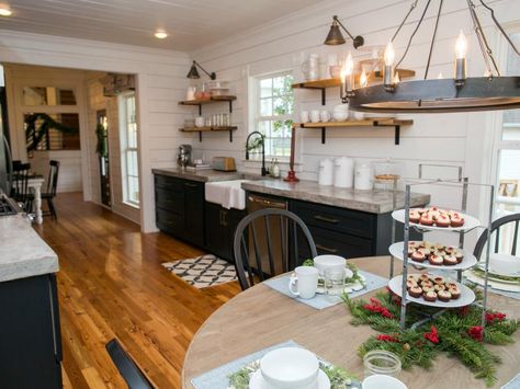 Fixer Upper: Renovation and Holiday Decor at Magnolia House Bed and Breakfast | HGTV's Fixer Upper With Chip and Joanna Gaines | HGTV Dining Room To Kitchen, Fixer Upper Christmas, Kitchen With Black Cabinets, Magnolia Farmhouse, Magnolia House, Fixer Upper Kitchen, Dwelling Place, Hgtv Fixer Upper, Ship Lap