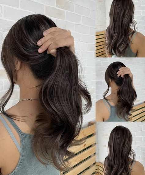 Japanese Balayage Dark Hair, Balayage Hair On Asian Black Hair, Asian Silver Highlights, Black Hair Color Correction, Natural Asian Highlights, Hair Dye Inspo Black Hair, Asian Partial Highlights, Japanese Hair Highlights, Asian Lowlights