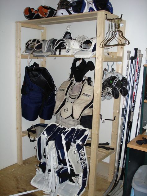 Hockey Bag Storage Ideas, Hockey Gear Drying Rack, Hockey Gear Storage, Hockey Stick Storage, Hockey Equipment Drying Rack, Hockey Equipment Storage, Hockey Drying Rack, Hockey Storage, Hockey Organization