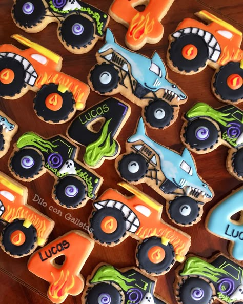 Monster Truck Cake 4, 4 Wheeling Birthday Party, Homemade Monster Truck Cake, Unicorn And Monster Truck Party, Mermaid And Monster Truck Party, Hot Wheels Monster Truck Birthday Party Ideas, Monster Truck Cookies Birthday, Monster Truck Birthday Parties, Monster Truck Theme 3rd Birthday Party