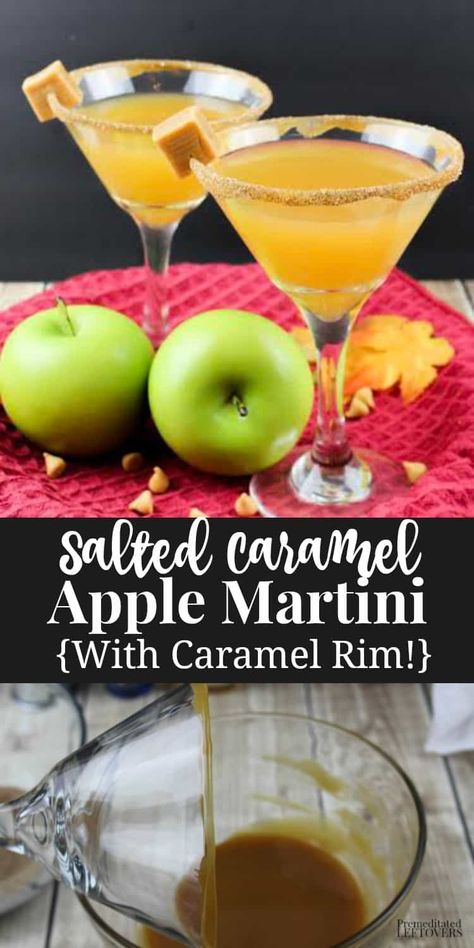 This Salted Caramel Apple Martini recipe is a delicious cocktail for the fall! It is easy to make and looks amazing when served in a caramel rimmed glass. Appletini Recipe, Caramel Cocktail, Apple Cider Martini, Apple Martini Recipe, Salted Caramel Vodka, Caramel Martini, Caramel Apple Martini, Caramel Drinks, Caramel Vodka