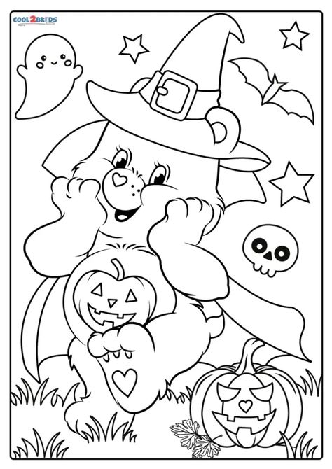 Care Bare Coloring Pages, Colouring Pages For Kids Halloween, Kid Halloween Coloring Pages, Care Bear Coloring Page Free Printable, Carebear Coloring Page, Halloween Pages To Color, Halloween Aesthetic Coloring Pages, Summerween Coloring Pages, Kids Halloween Colouring Pages