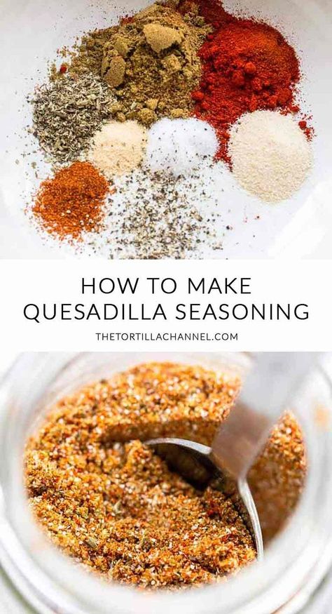 Looking for an easy but tasty quesadilla seasoning? Take a look at this quesadilla seasoning. Easy to make, tasty and super cheap. Visit thetortillachannel.com for the full recipe and video #thetortillachannel #seasoning #quesadillaseasoning #spicemix #seasoningrecipe Quesadilla Seasoning, Season Steak Recipes, Homemade Dry Mixes, Homemade Spice Mix, Spice Blends Recipes, Spice Mix Recipes, Homemade Spice Blends, Seasoning And Spice, Rub Recipes