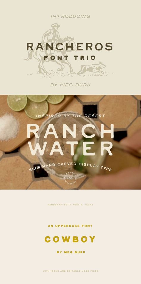 Rancheros - Western Font Trio by Meg Burk Western Script Font, Western Typography Design, Rustic Graphic Design Inspiration, Western Canva Fonts, Western Font Pairings, Western Packaging Design, Fancy Graphic Design, Western Branding Design, Western Typeface