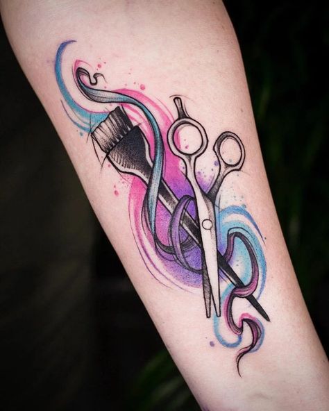 From Clippers to Ink: A Gallery of Hairstylist Tattoos You’ll Love - Body Artifact Female Barber Tattoo Ideas, Hairdressers Tattoo Ideas, Tattoo Ideas Hairstylist, Hair Dresser Tattoos Scissors, Hairstylist Tattoos Black Women, Hair Color Brush Tattoo, Beautician Tattoo Ideas, Hairstylist Tattoo Ideas, Hairstylist Tattoos Unique