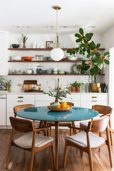 Mid Century Modern Pop Of Color, Midcentury Kitchen Table, Mid Century Modern Condo, Mid Century Coastal Style, Kitchen Ideas Mid Century, 60s Farmhouse, Mid Century Kitchen Design, Dining Room Mid Century Modern, Kitchen Remodel Tips