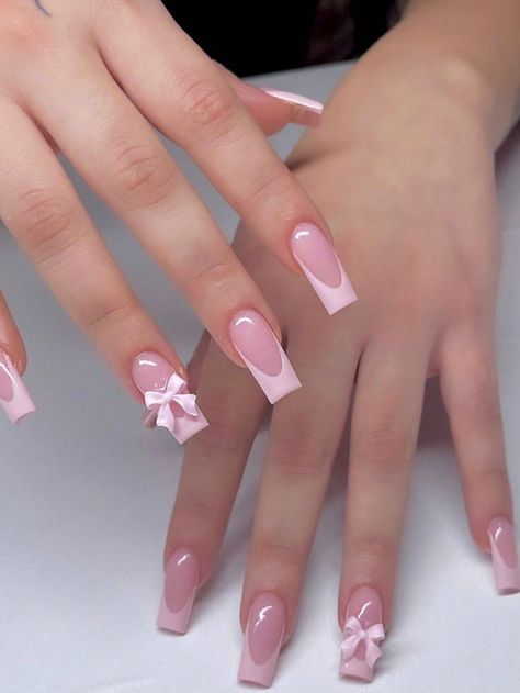 Long pink coffin nails with French tips and glossy finish.

24 pieces per Bow Charm Nails, Nails With Bow Charm, Bow Nail Designs, Pink French Nails, Coquette Nails, Pink Coffin, Cute Simple Nails, Nagel Tips, Summery Nails