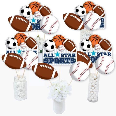 Sports Party Centerpieces, Sports Centerpieces, Stars Table Topper, Sports Baby Shower Theme, Baby Shower Themes Neutral, Sports Party Decorations, Sports Baby Shower, Sports Theme Birthday, Candy Birthday Party