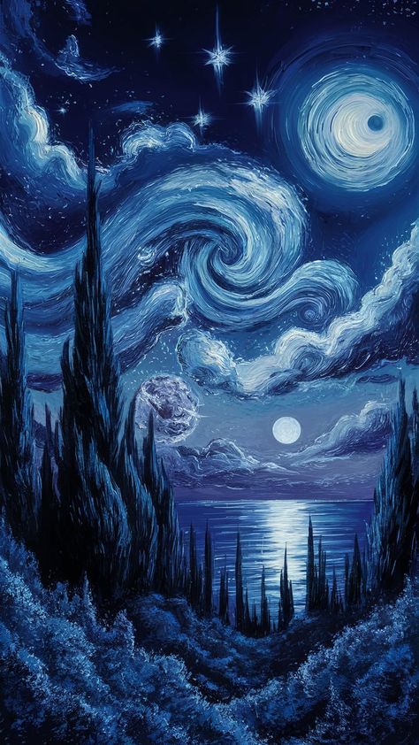 Transform your space with our stunning starry night wallpaper! Immerse yourself in a mesmerizing scene of deep indigo skies, shimmering stars, and swirling clouds. Experience the beauty of ancient cypress silhouettes against a radiant moonlit landscape. Perfect for home decor, bedroom aesthetics, or as digital art. Celebrate the allure of the universe with this enchanting masterpiece! #StarryNight #WallArt #HomeDecor Night Sky Bedroom Aesthetic, Starry Winter Night, A Starry Night Wallpaper, Night Sky Art Wallpaper, Sky Bedroom Aesthetic, Midnight Room Aesthetic, Stars Aesthetic Night Skies Wallpaper, Starry Wallpaper Aesthetic, 4th Dimension Art