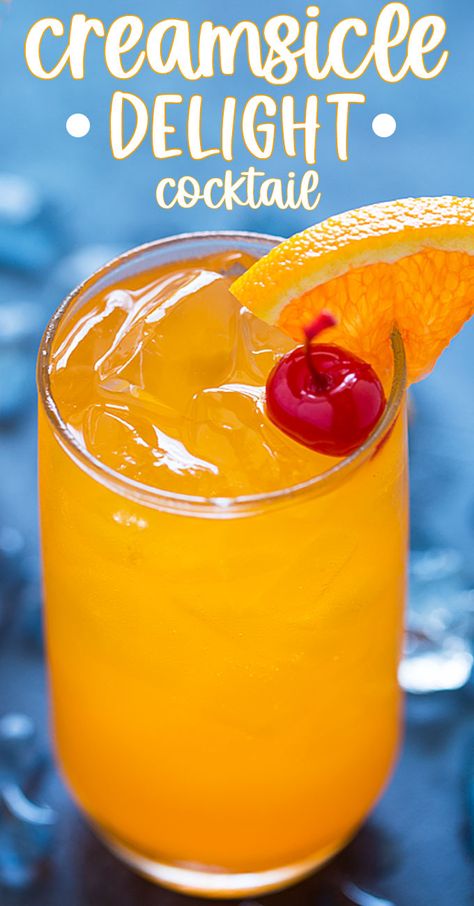 An orange cocktail in a glass garnished with an orange slice and maraschino cherry. Orange Colored Alcoholic Drinks, Orange Color Cocktails, Orange Juice Drinks Alcohol, Orange Colored Cocktails, Orange Soda Cocktail, Orange Drinks Alcohol, Whipped Vodka Drinks Recipes, Orange Vodka Cocktails, Orange Drink Recipes