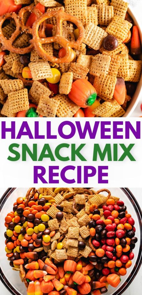 This Halloween Chex mix is a sweet and salty fall snack mix filled with pretzels, candy pumpkins, and M&Ms, making it a perfect kid-friendly snack mix recipe for fall parties and Thanksgiving snacks. Halloween Chex Mix Recipes, Salty Chex Mix, Fall Snack Mixes, Brown Sugar Sauce, Party Mix Snacks, Fun Meals, Halloween Snack Mix, Easy Halloween Snacks, Salty Sweet Snacks