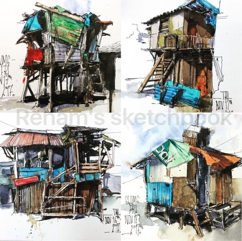 Slums Drawing, Window Architecture, Building Sketch, Watercolor Architecture, Paper Craft Diy Projects, Traditional Landscape, Illustration Watercolor, Modern Art Paintings, Sketchbook Art