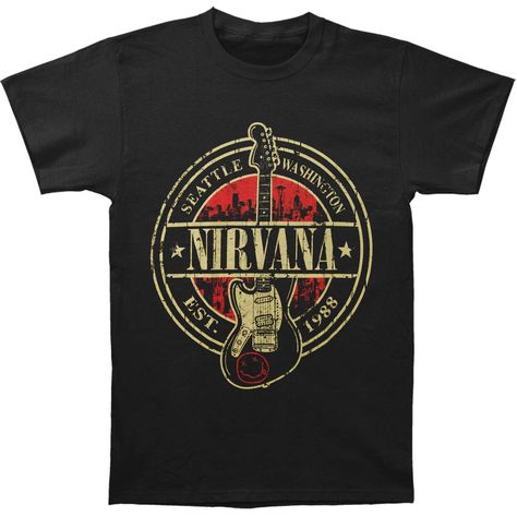 Nirvana Est 1988 Guitar Stamp T-shirt Nirvana Guitar, Guitar Print, Band Shirts, Band Tees, One By One, Direct To Garment Printer, Nirvana, Black Tshirt, Mens T