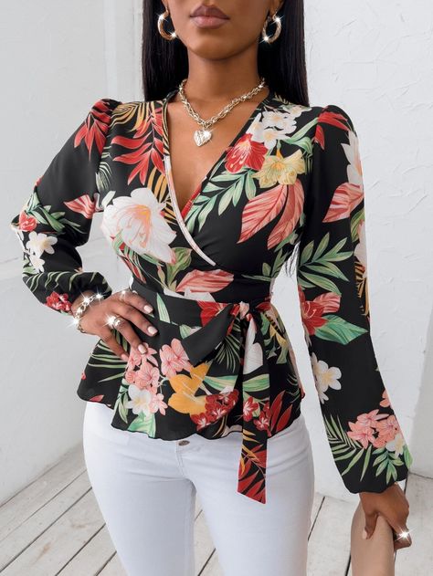 Random Floral Print Wrap Belted Blouse | SHEIN USA English Tops Styles, Stylish Long Tops For Women, Floral Shirts Women, Floral Blouse Designs, Printed Blouses, Printed Chiffon Blouse, Floral Shirt Women, Flower Print Blouse, Hijab Trends