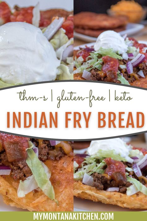 Deep fried low carb dough fried to a golden brown, then topped with all your favorite taco toppings for an Indian fry bread taco! This recipe is low carb, keto, gluten free, and a Trim Healthy Mama S Fuel. Keto Indian Fry Bread, Gluten Free Indian Fry Bread, Indian Fry Bread Recipe, Fry Bread Recipe, Indian Fry Bread, Montana Kitchen, Bread Calories, Indian Tacos, Fried Bread Recipe