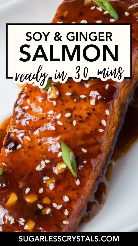 Are you looking for a quick, flavorful, and nutritious meal that everyone in the family will love? Look no further! This Soy Ginger Salmon recipe will have your taste buds dancing in less than 30 minutes! The mouthwatering soy and ginger glaze on tenderly pan-fried salmon make this a perfect lunch or dinner dish that the whole family will enjoy. Don't miss out on this seafood sensation! Ginger Scallion Salmon, Lemon Ginger Salmon Recipes, Salmon Soy Sauce Recipes, Ginger Sesame Salmon, Chum Salmon Recipes, Salmon With Ginger Soy Sauce, Salmon Recipes Ginger, Salmon With Ginger And Garlic, Salmon Ginger Soy Honey