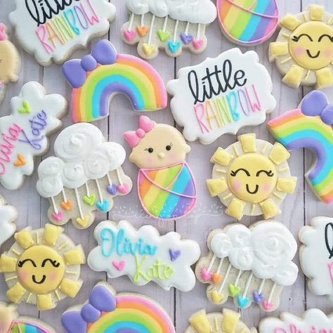 Rainbow Baby Shower Ideas, Rainbow Theme Baby Shower, Rainbow Baby Shower Theme, Rainbow Themed Birthday Party, Rainbow Baby Announcement, Gender Reveal Cookies, Cookie Shop, Rainbow First Birthday, Pastel Baby Shower