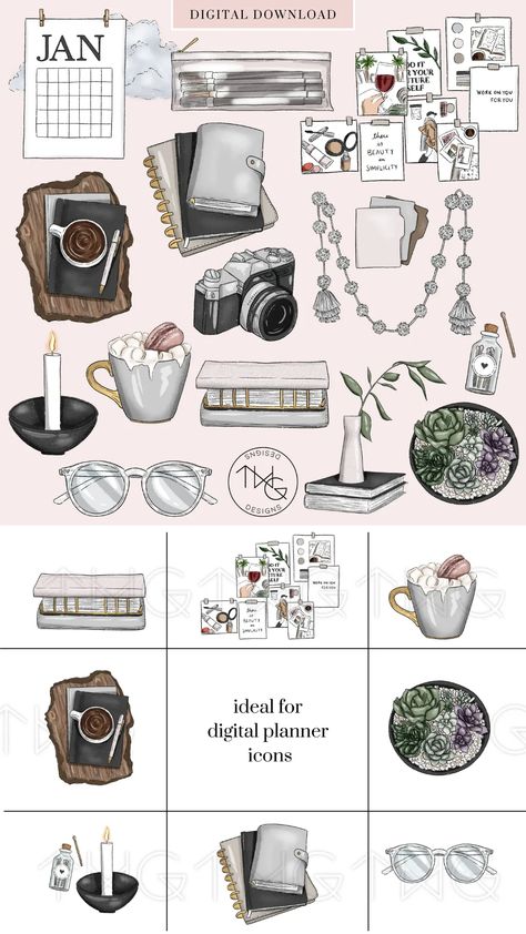 Planning Ahead Clipart Collection – TWG Designs Twg Designs, Vintage Notes, Creative Book Covers, Fav Products, Planner Icons, Planner Art, Png Graphics, Planner Supplies, Web Blog