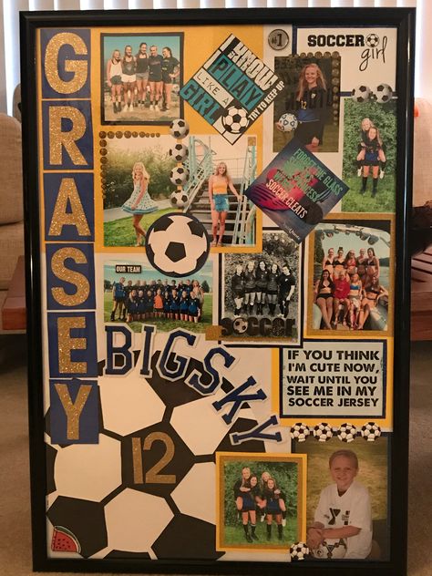 Senior soccer board⚽️🖤 Senior Game Posters Soccer, Senior Soccer Night Posters, Soccer Senior Night Posters Boys, Senior Locker Decorations Ideas Soccer, Senior Day Posters Soccer, Senior Night Table Display Soccer, Soccer Poster Board Ideas, Soccer Poster Ideas Signs, Soccer Senior Boards