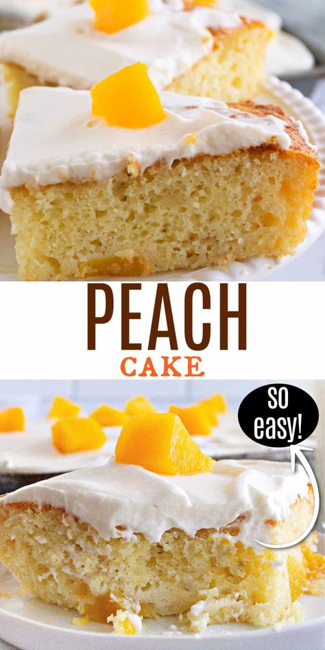 Easy Peach Cake Recipe, Peach Cake Using Box Cake, Peach Dump Cake With Canned Peaches, Peach Cake Recipe Easy, Peach Sheet Cake, White Cake Mix Recipes, Peach Cake Recipe, Gooey Desserts, Peach Cake Recipes