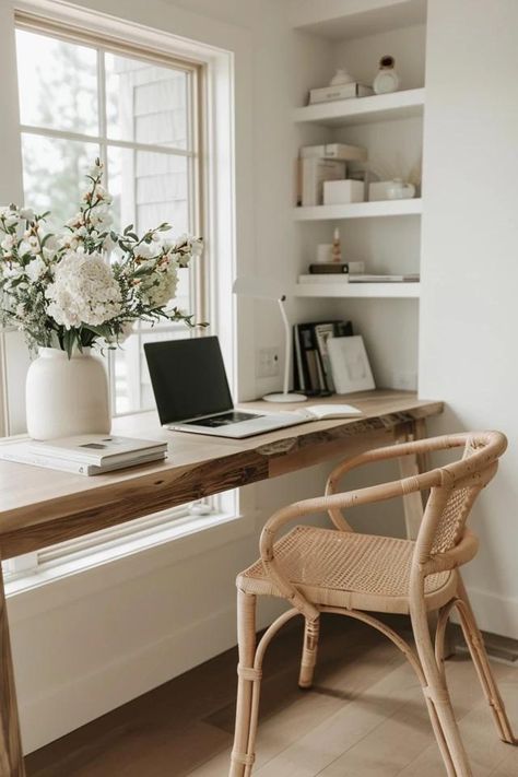 Minimalist Home Office: Stylish Productivity Desk At Home Office, Simple Modern Office Design, Work Table Aesthetic Minimalist, Modern Minimalist Office Space, Home Office Styling Ideas, Light Wood Office Design, Simple Office Space, Condo Office Ideas, Work Ideas From Home