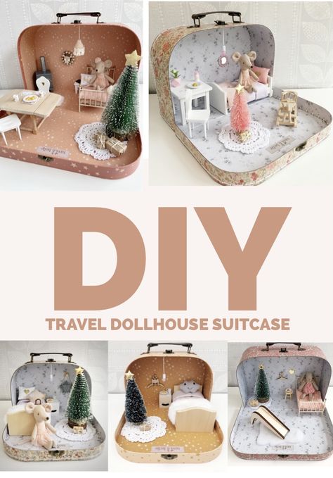 Miniature suitcases filled with modern dollhouse furniture Suitcase Dolls House Diy, Suitcase Dolls House, Diy Suitcase Dollhouse, Doll House Suitcase, How To Make Doll House Furniture Out Of Cardboard, Dollhouse Suitcase Diy, Travel Dollhouse Diy, Suitcase Dollhouse Diy Ideas, Diy Suitcase Cardboard