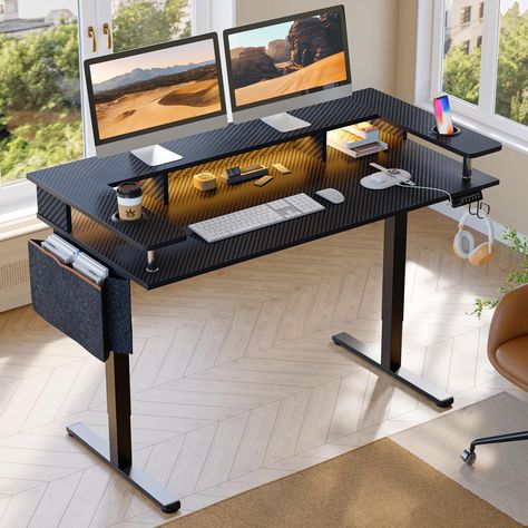 PRICES MAY VARY. 【Enhanced Power Motor】Bestier 58 inch large standing desk with enhanced power motors enable quiet and smooth height adjustment, built-in anti-collision system. Strong metal legs supporting up to 154 lbs/70 kg. The anti-collision system intelligently detects and avoids obstacles to ensure that the desk is not damaged. Height adjustable from 28.3 to 46.5 inches and it have 3 preset height memory buttons. 【Dynamic RGB Lighting】This standup desk for home office has an RGB light stri Rising Desk, Standing Desk Adjustable, Desk Adjustable Height, Desk With Monitor Stand, Productive Office, Desk With Monitor, Standing Desk Height, Adjustable Computer Desk, Electric Standing Desk