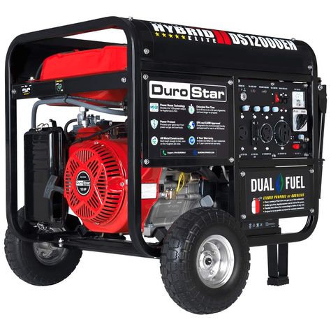 PRICES MAY VARY. POWERFUL DUROSTAR ENGINE: The DS12000EH is powered by a DuroStar 18 HP 457cc OHV engine with automatic low oil shutoff; Fuel Capacity: 8.3 Gallons; Noise Level: 74dB PLENTY OF POWER: With 12,000 peak watts and 9,500 running watts, this unit is a workhorse that provides plenty of power to handle multiple jobs from powering high voltage appliances to heavy duty power tools POWER PANEL: Includes a selection of outlets for maximum compatibility in your applications including: 2 120V Propane Generator, Backup Generator, Dual Fuel Generator, Generator House, Portable Generator, Gas Generator, Well Pump, Power Generator, Propane Tank