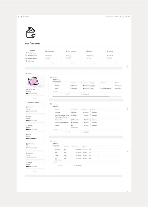 • Navigations or Pages: ↳Monthly Income ↳Monthly Expenses ↳Monthly Savings ↳Goals • Expenses by Category: ↳Track your expenses based on their categories. ↳Track your budget at a glance. • Income: ↳W/ Database ↳Tracks all of your daily and monthly income. • Expenses: ↳W/ Database ↳Tracks all of your daily and monthly expenses. • Balance: ↳W/ Database ↳Tracks the total balance automatically. • Savings: ↳W/ Database ↳Tracks all of your savings automatically. Notion Inspiration, Finance Budget, Life Planner Organization, Personal Finance Budget, Kanban Board, Small Business Planner, Finance Tracker, Theme Template, Dashboard Template