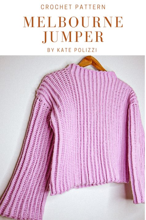 Lilac ribbed crochet jumper Oversized Crochet Jumper Free Pattern, Crochet Winter Jumper, Crochet Ribbed Sweater, Jumper Outfit Winter, Crochet Jumper Free Pattern, Pink Jumper Outfit, Ribbed Sweater Pattern, Crochet Jumper Pattern, Beginner Friendly Crochet