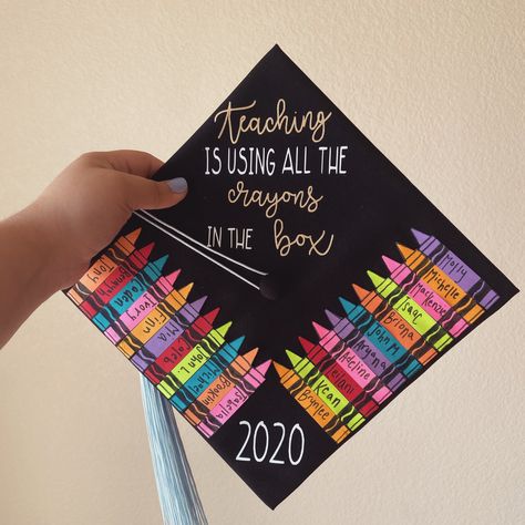 Crayon Graduation Cap, Early Childhood Education Caps Graduation, Graduation Cap Designs Early Childhood Education, Teacher Graduation Cap Students Sign, Teacher Grad Cap Ideas, Student Teacher Graduation Cap, Elementary Teacher Graduation Cap, Elementary Education Graduation Cap, Graduation Cap Decoration Teacher