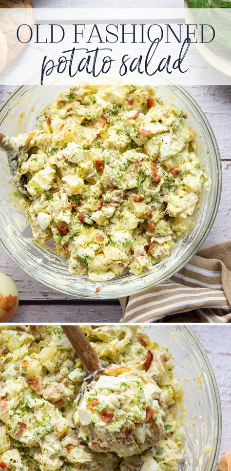 This old fashioned potato salad is soon to be a staple side dish in your house! Loaded with tender potatoes, crispy bacon, fresh dill, and a tangy pickle relish dressing, it goes great with any meal. Potato Salad With Dill Pickles, Simple Potato Salad, Pickle Dressing, Old Fashioned Potato Salad, Potato Salad Dill, Potatoes Crispy, Classic Potato Salad, Bacon Potato Salad, Easy Potato Salad