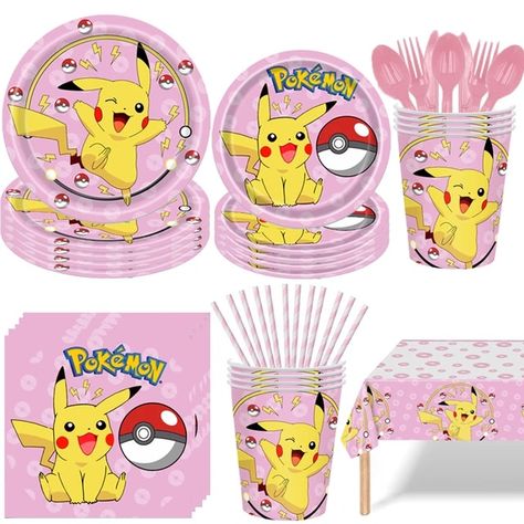 Pokemon Party Plates, Pikachu Birthday Party, Pokemon Party Supplies, Pink Pokemon, Pokemon Party Decorations, Girls Birthday Games, Pikachu Birthday, Zelda Birthday, Pokemon Birthday Party