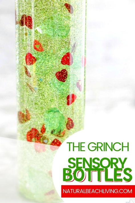 The Grinch Sensory Bottle is a great way to include awesome sensory play during the holidays. Have fun making these Winter Sensory Bottles with your child today! Children love Christmas Sensory Bottles and any Calming Sensory Bottles to use all year. Glitter Sensory Bottles, Diy Sensory Toys, Calm Down Jar, Winter Sensory, Christmas Sensory, Calm Down Bottle, Grinch Crafts, Fun Holiday Crafts, Diy Sensory