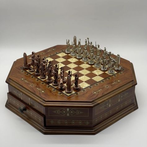 21.2” Octagon Wooden Luxury Brown Chess Set with Greek Metal Chess Figures 😍 25% discount! Free shipping! For ordering 👇👇👇 www.asyawoodart.com #chess #chessset #chesspieces #chessboard #spanish Unique Chess Sets, Chess Guide, Handmade Chess Set, Glass Chess Set, Large Chess Set, Chess Figures, Metal Chess Set, Glass Chess, Chess Boxing