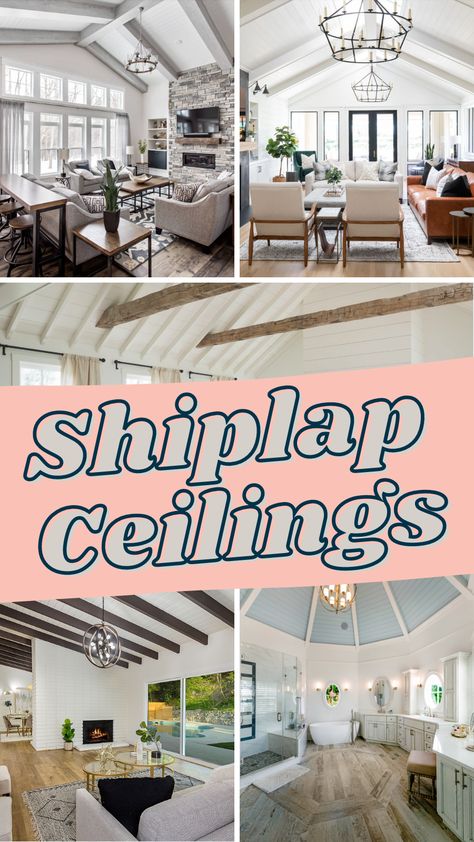 Plank Board Ceiling, Vaulted Ceilings With Shiplap, White Kitchen With Shiplap Ceiling, Modern Shiplap Ceiling, Vaulted Ceiling With Shiplap And Beams, Farmhouse Shiplap Ceiling, Diy Wood Plank Ceiling, Coastal Ceiling Ideas, Ceiling Shiplap Ideas