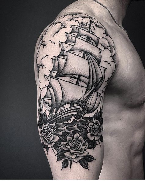 Oldie but a goodie. #sailorvern Traditional Nautical Tattoo, Ship Tattoo Sleeves, Traditional Ship Tattoo, Nautical Tattoo Sleeve, Boat Tattoo, Sailor Tattoos, Traditional Tattoo Inspiration, Pirate Tattoo, Traditional Tattoo Sleeve