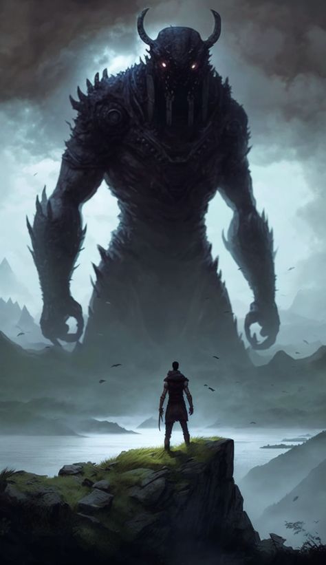 Humans vs Giants fantasy art Giant Monster Vs Small Human, Forest Giants Fantasy Art, Giant Anime Monster, Man Vs Giant Monster Art, Giant Beast Fantasy Art, Giant Beast Art, Nephilim Giants Art, Large Creature Concept Art, Giant Creature Art