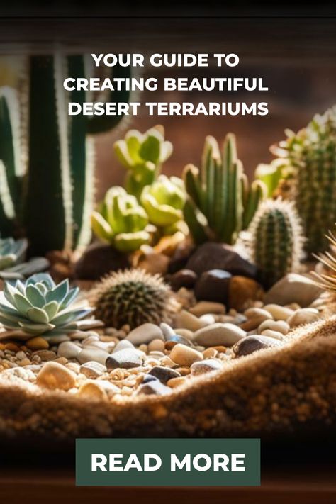 Assorted cacti and succulents arranged inside a terrarium illustrating a guide to creating desert terrariums with a 'Read More' call-to-action at the bottom. Dessert Landscaping, Desert Terrarium, Tropical Terrariums, Plant Apartment, Desert Biome, Mexican Feather Grass, Golden Barrel Cactus, Blue Fescue, Beautiful Desert