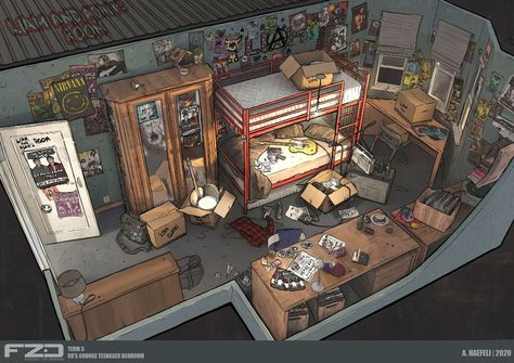 Isometric Environment, Feng Zhu Design, Feng Zhu, Bedroom Illustration, Secret Base, Bedroom Drawing, Drawing Things, Set Dressing, Bg Design