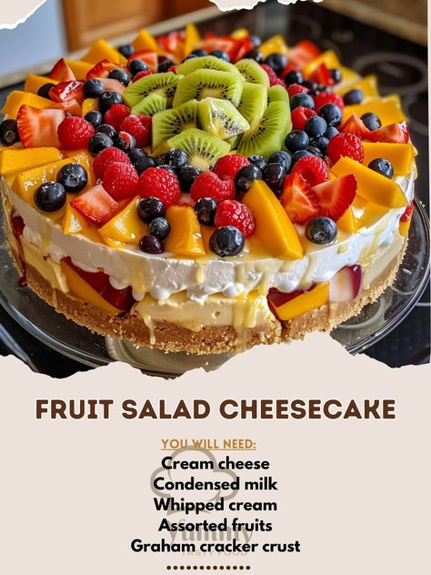 🍰 Dive into a delightful Fruit Salad Cheesecake! Perfect for summer! #SweetSummer 🍽️ Fruit Salad Cheesecake 🛒 Ingredients: Cream cheese: 1 lb Condensed milk: 1 can Whipped cream: 1 cup Assorted fruits (berries, mango, kiwi): 3 cups Graham cracker crust: 1 👩‍🍳 Instructions: Mix: Blend cream cheese and condensed milk until smooth. Layer: Spread cream on crust, top with fruits. Chill: Refrigerate 4 hours. 🍓 Fresh and fruity, this cheesecake is a burst of joy! Perfect for any gathering! 🎉 #Ch... Fruit Salad Cheesecake, Assorted Fruits, Baklava Cheesecake, Pie Shop, Cheesecake Cake, Cracker Crust, Graham Cracker Crust, Eating Recipes, Graham Cracker