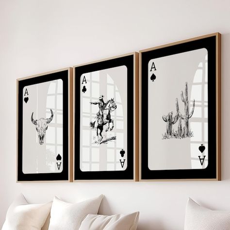 Cowboy Skull Print - Etsy Black And Gold Western Decor, Custom Home Decor, Black And White Western Art, Texas Gallery Wall, Midcentury Western Decor, Cowboy Bedroom Decor, Dark Western Decor, Playing Cards Wall Art, Goth Western Decor