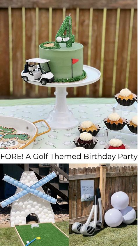 He's FORE! A Golf Themed Birthday Party - traditionallycozy.com Golf Party Theme Ideas, Hole In One Birthday Decorations, Golf Fourth Birthday Party, Golf Third Birthday, Third Birthday Golf Theme, Golf Themed 2nd Birthday Party, Masters Golf Birthday Party, Masters Birthday Cake, Fore Birthday Boy Theme