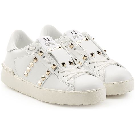 Valentino Leather Untitled Rockstud Sneakers (£380) ❤ liked on Polyvore featuring shoes, sneakers, white, white shoes, white trainers, leather lace up sneakers, white sneakers and lace up shoes Shose Man, Valentino Trainers, Adidas White Sneakers, Shoes Sneakers White, Valentino Sneakers, Skor Sneakers, White Leather Shoes, Sneakers Fashion Outfits, White Leather Sneakers