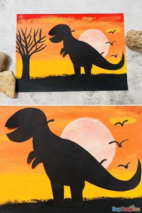 Dinosaur Silhouette Art - Easy Peasy and Fun Dinosaur Art Projects For Kids, Dinosaur Art Preschool, Dinosaurs Silhouette, Preschool Dinosaurs, Dinosaur Art Projects, Dinosaur Outline, November Art, Dinosaur Craft, Make A Dinosaur